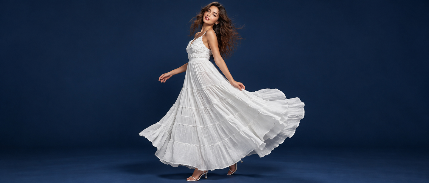 A white tiered maxi dress made by Creative Impression, photographed on a navy studio backdrop